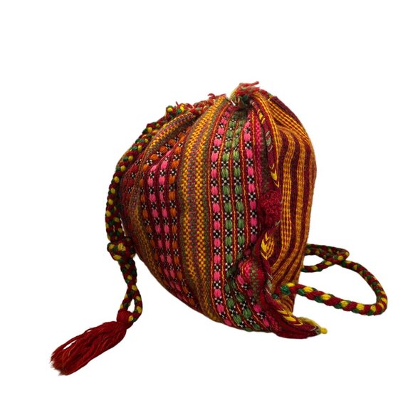 Handmade Knitted Backpack Multicolor Striped With Geometric Pattern Drawstrings - Picture 2 of 9